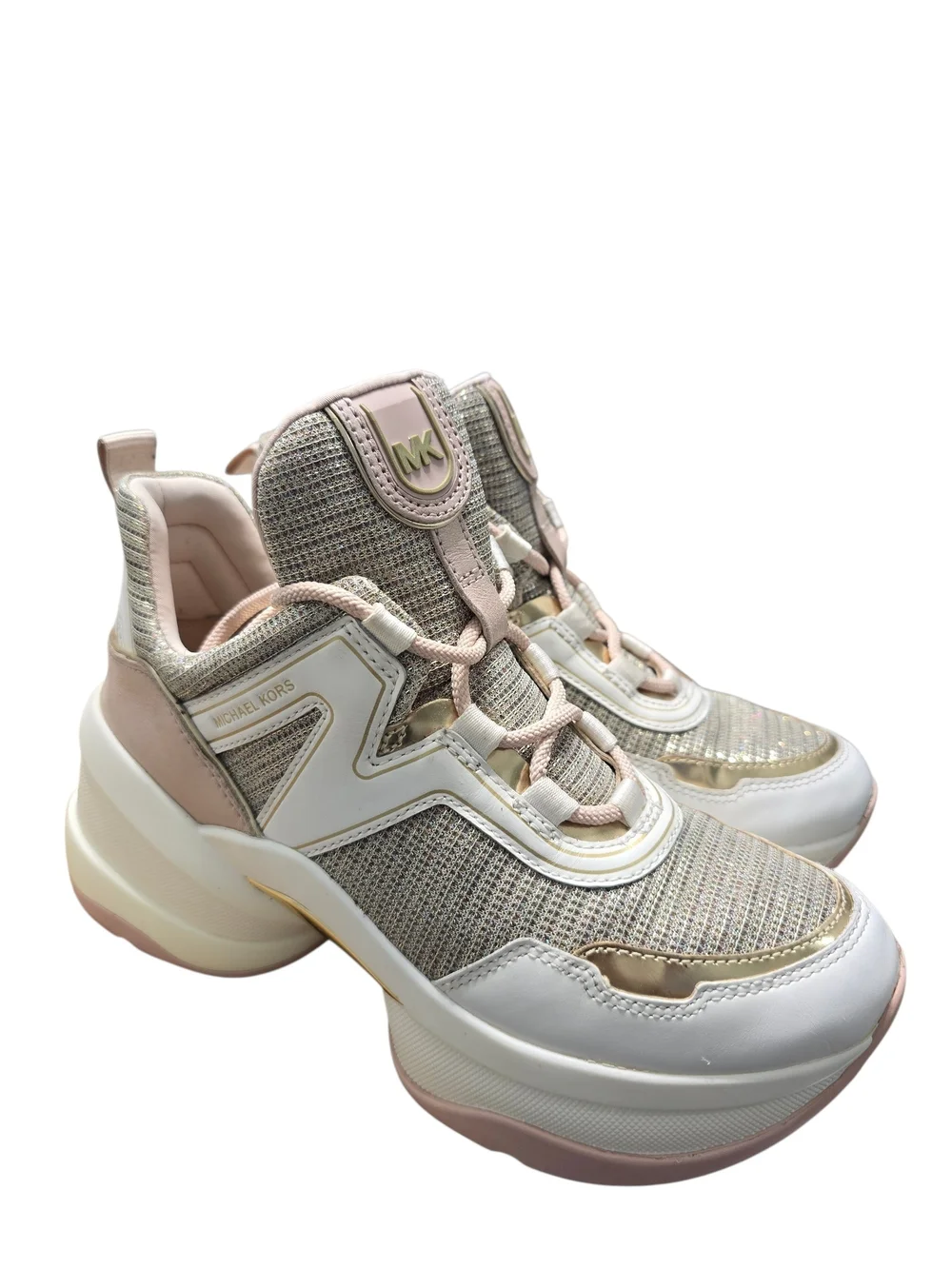 Michael Kors Olympia Women Glitter Chain-Mesh Pink and Gold Platform Sneakers 7